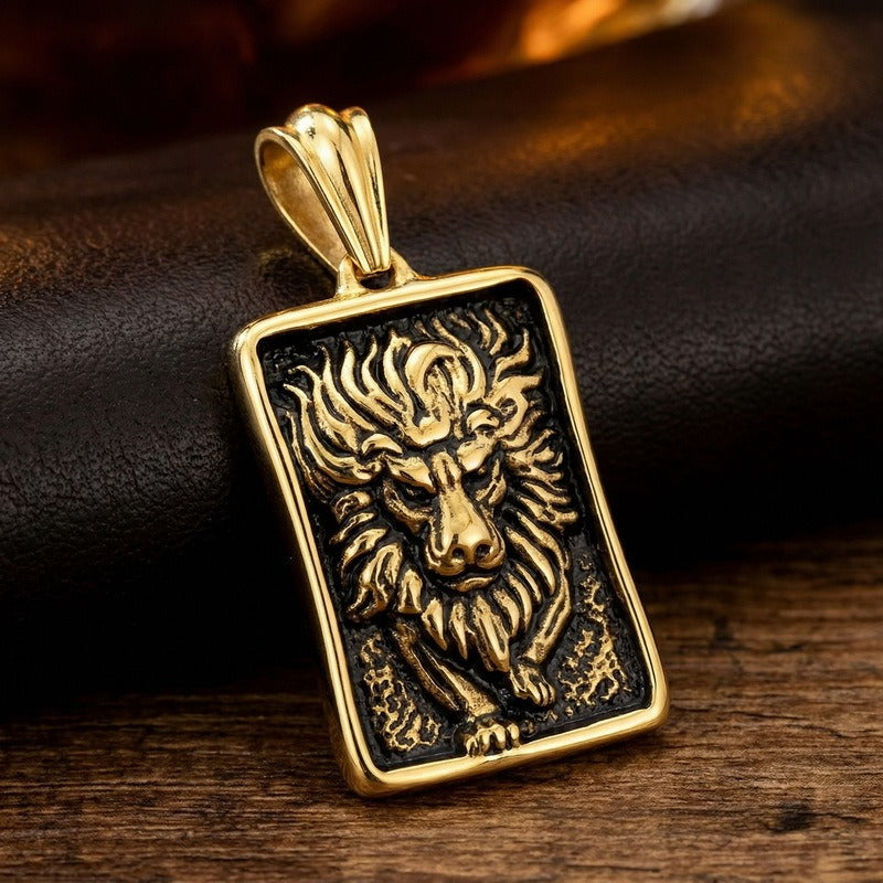 Kemstone Titanium Steel Lion Tag Pendant Necklace for Men Vintage Relief Design KP98157-KJX