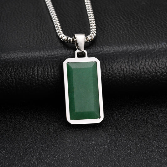 Kemstone Green Stone Pendant Necklace Stainless Steel Rectangular Minimalist Necklace for Men PN-2259