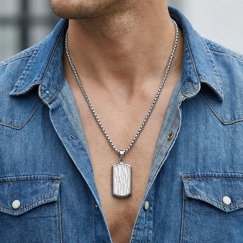 Kemstone Titanium Steel Wave Texture Tag Pendant Necklace for Men Box Chain KN301678-KFC