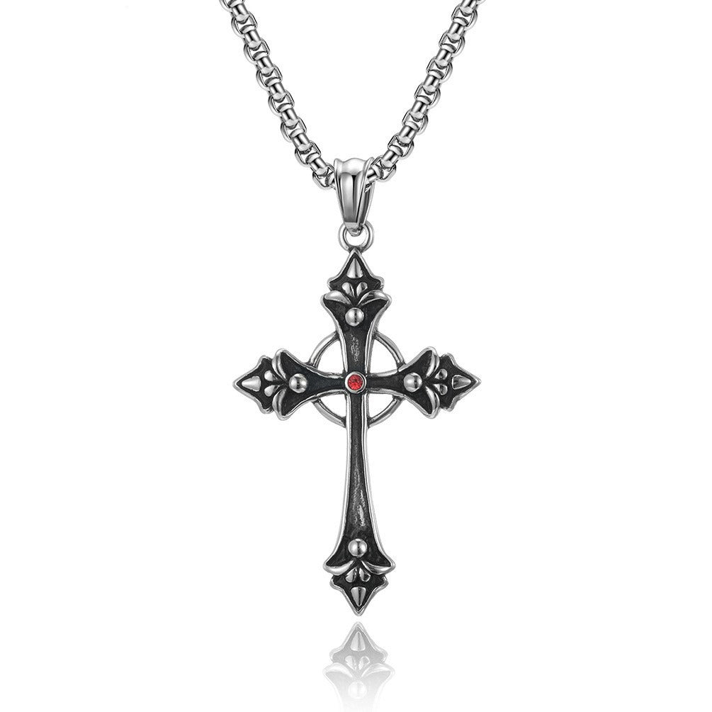 Kemstone Stainless Steel Red Cubic Zirconia Cross Pendant Necklace for Men Vintage Silver K-PT396