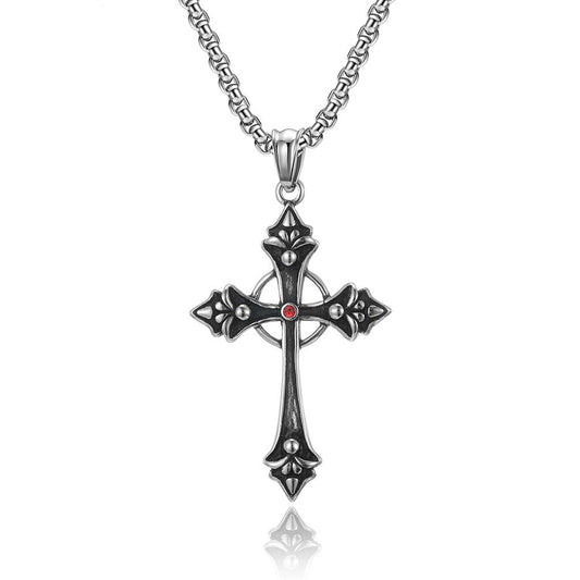 Kemstone Stainless Steel Red Cubic Zirconia Cross Pendant Necklace for Men Vintage Silver K-PT396
