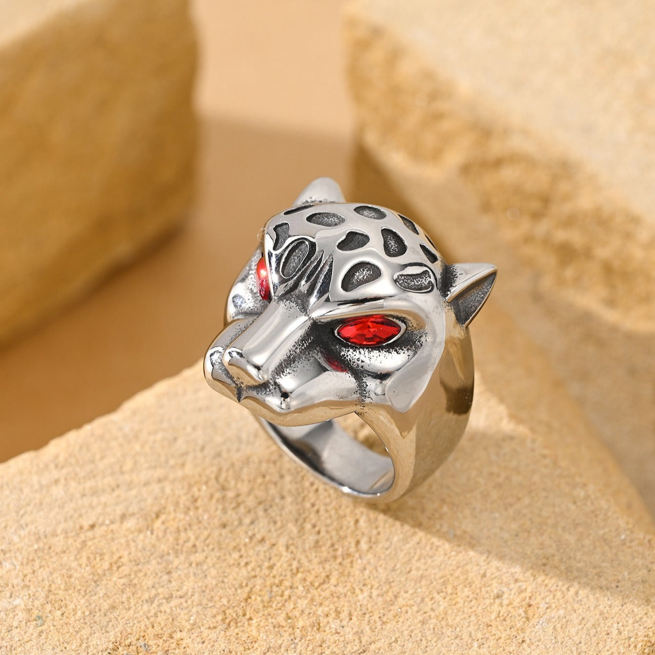 Kemston Leopard Head Ring for Men Stainless Steel Red Green Cubic Zirconia Stone Eyes TR0533