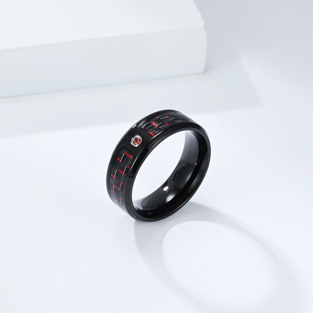 Kemstone Men’s Stainless Steel Cubic Zirconia Carbon-Fiber Ring – Black 8mm Modern K-R1098