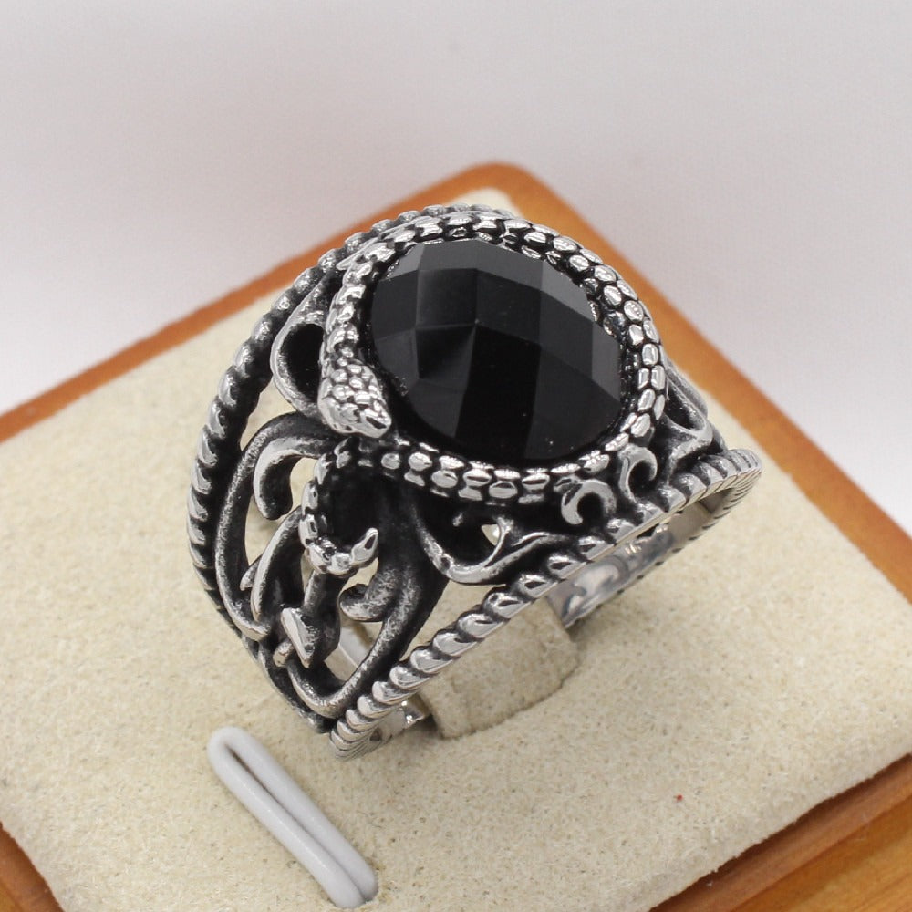 Kemstone Vintage Stone Inlay Signet Ring for Men Titanium Steel Hollow Filigree Design R1672