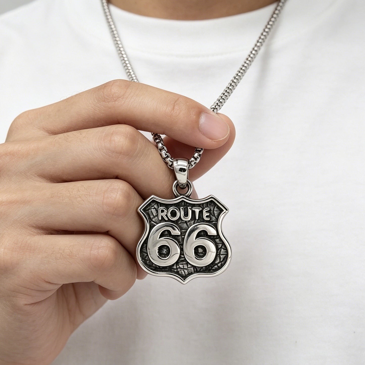 Kemstone Titanium Steel Route 66 Shield Pendant Necklace for Men Vintage Road Sign Charm P1566