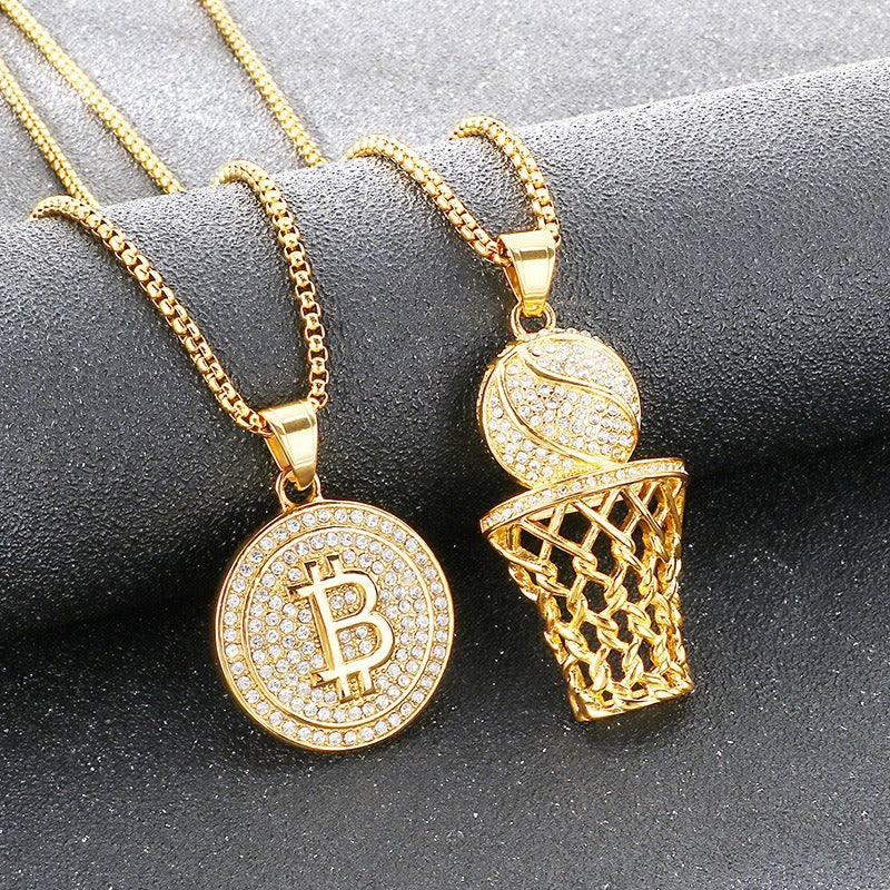 Kemstone Basketball Hoop Coin Pendant Necklace for Men – Rhinestone Titanium Steel Hip Hop Style KP117911-MZOZ