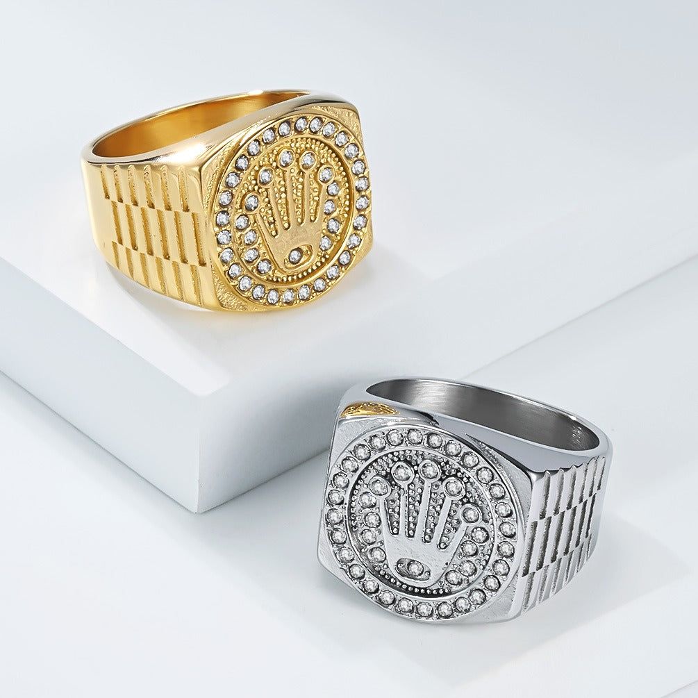 Kemston Crown Signet Ring for Men Stainless Steel Hip Hop Iced Out Band K-R1080