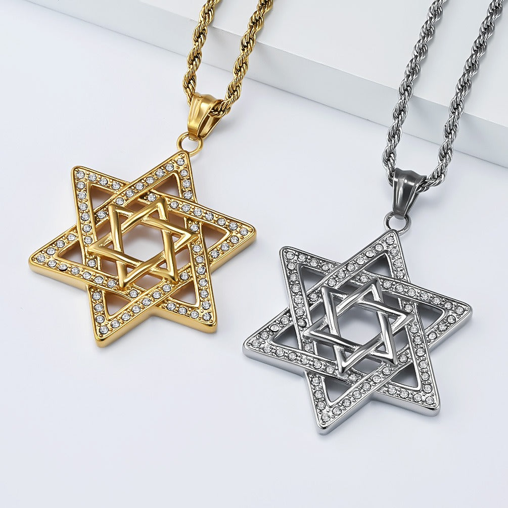Kemstone Stainless Steel Six-Point Star Pendant Necklace – Rhinestone Hip Hop Style K-PT685