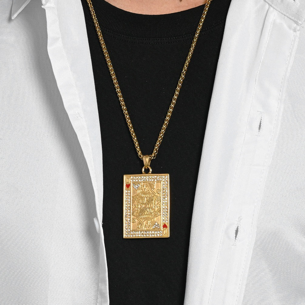 Kemstone Stainless Steel Playing Card Pendant Necklace for Men Women Iced Heart King K-PT719