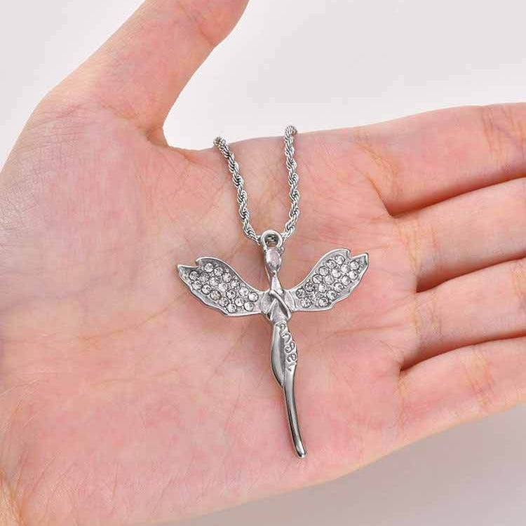 Kemston Stainless Steel Angel Wing Cross Pendant Necklace for Men Women PN-2404