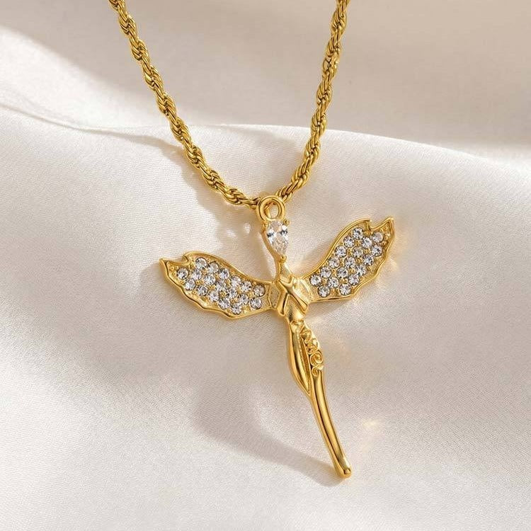 Kemston Stainless Steel Angel Wing Cross Pendant Necklace for Men Women PN-2404