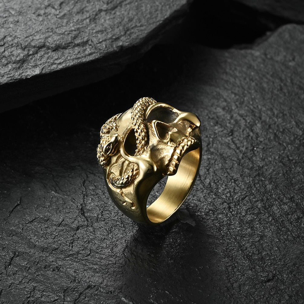 Kemstone Snake Skull Stainless Steel Ring for Men – Hip Hop Gothic Signet K-R484
