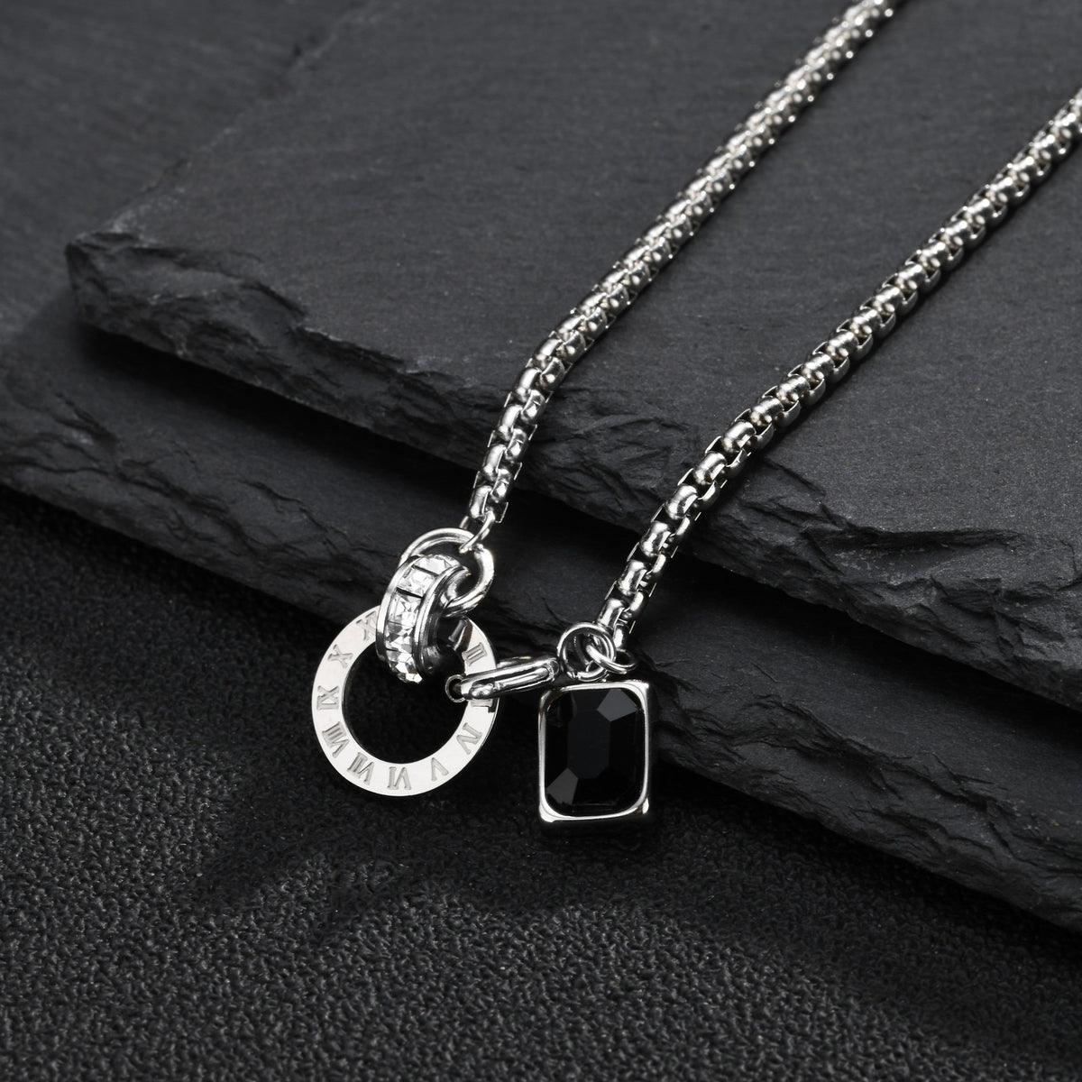 Kemstone Roman Numeral Necklace for Men Black Crystal NC-3254