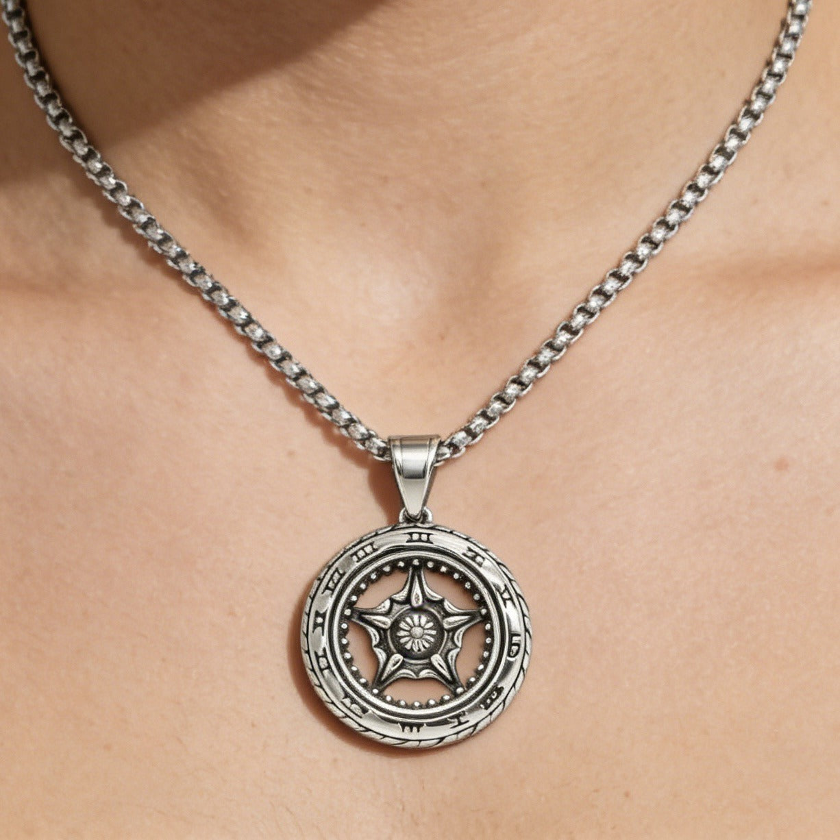 Kemstone Roman Numeral Pendant Necklace for Men Titanium Steel Round Vintage Dial Silver P1553