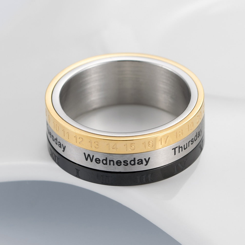 Kemstone Stainless Steel Calendar Ring for Men Roman Numeral Spinner Band K-R076