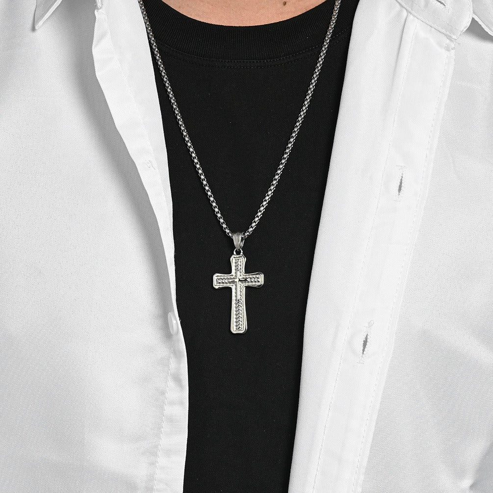 Kemstone Stainless Steel Layered Cross Pendant Necklace Rope Texture Detail for Men K-PT716