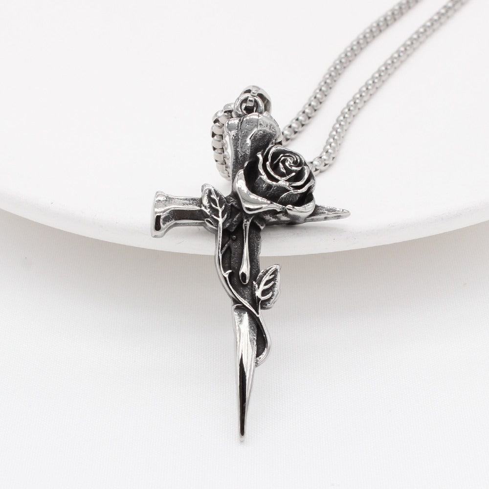 Kemstone Stainless Steel Cross Pendant Necklace for Men Women Rose Detail Vintage P0999