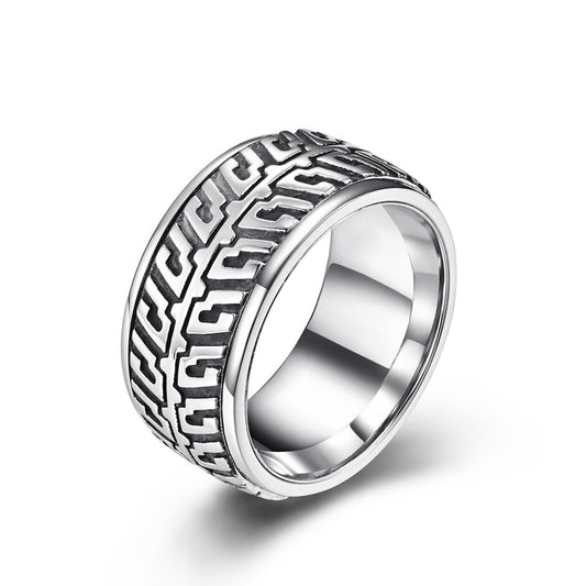 Kemstone Rotating Tire Pattern Stainless Steel Spinner Ring for Men – 8mm Band K-R405