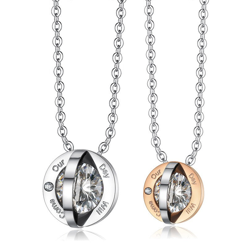 Kemstone Round Cubic Zirconia Couple Necklace for Men & Women Stainless Steel Silver Rose Gold TN0321