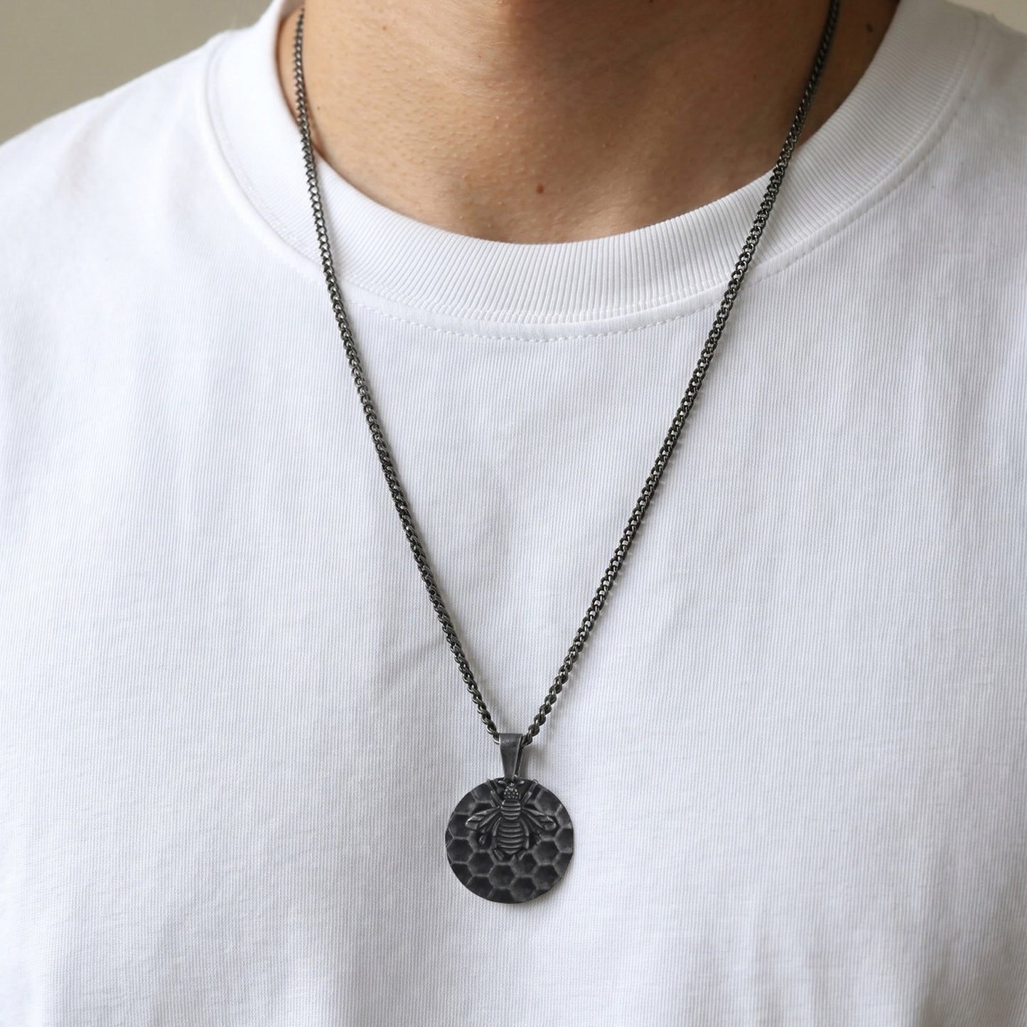 Kemston Bee Honeycomb Pendant Necklace for Men Stainless Steel Vintage Design PN-2377