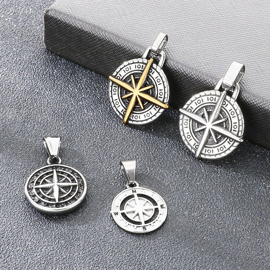 Kemstone Compass Pendant Necklace for Men Titanium Steel Round Coin Navigation Design Silver KP117697-LU