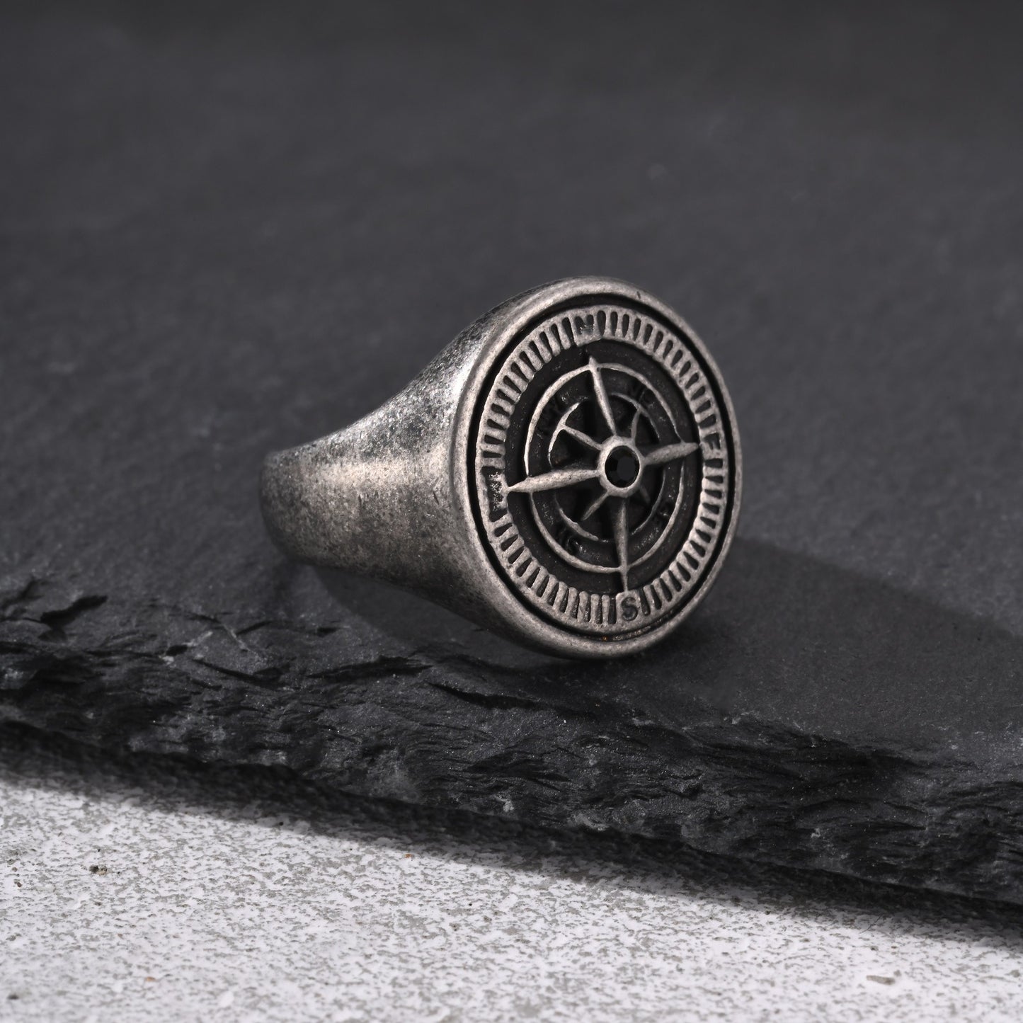 Kemston Stainless Steel Compass Signet Ring for Men Vintage Dial Design RC-527GR