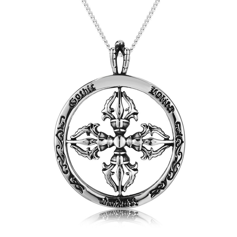 Kemstone Titanium Steel Cross Pendant Necklace for Men Round Medallion Vintage Silver P0086