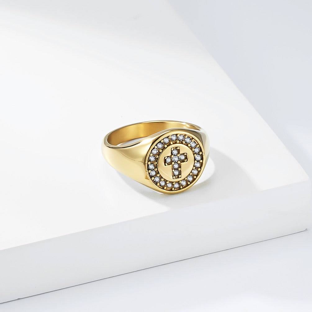 Kemstone Stainless Steel Cross Signet Ring with Cubic Zirconia Halo for Men & Women Gold Silver K-R1139