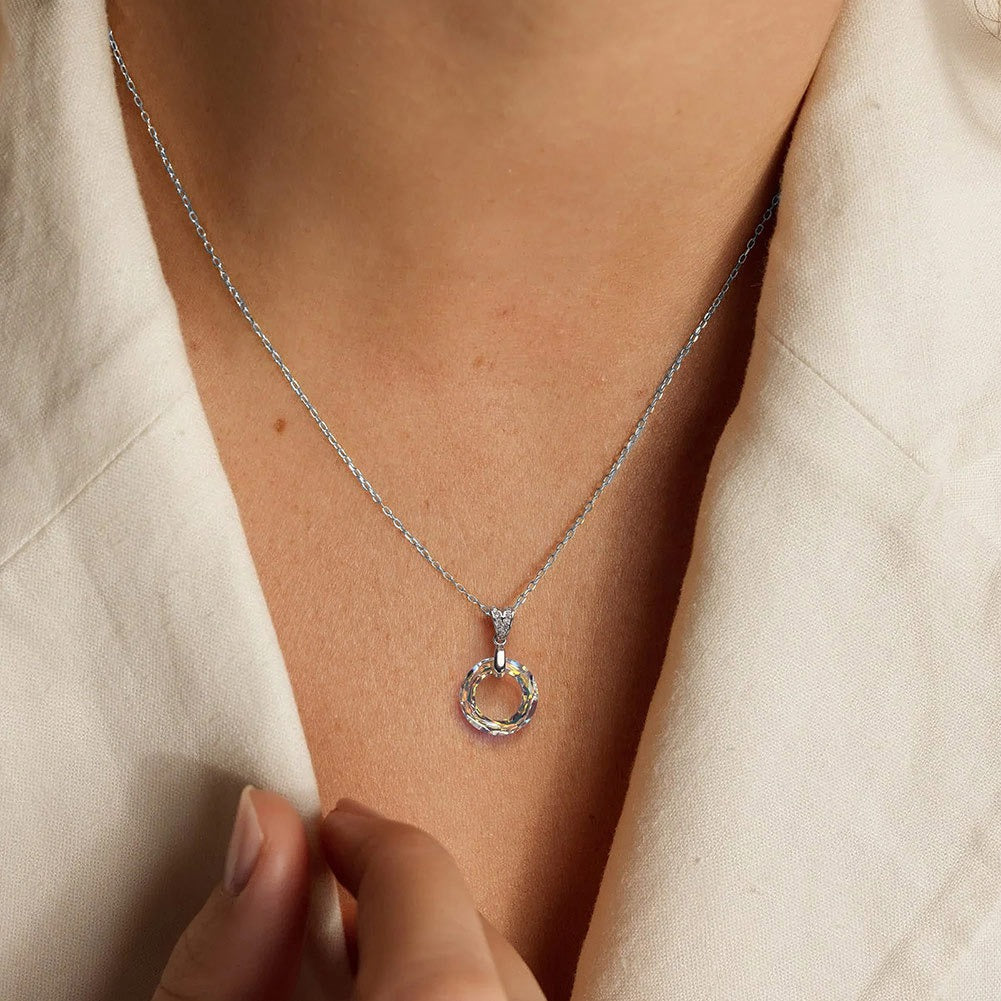 Kemstone 925 Sterling Silver Crystal Circle Pendant Necklace for Women Minimal Clavicle Chain SWN24