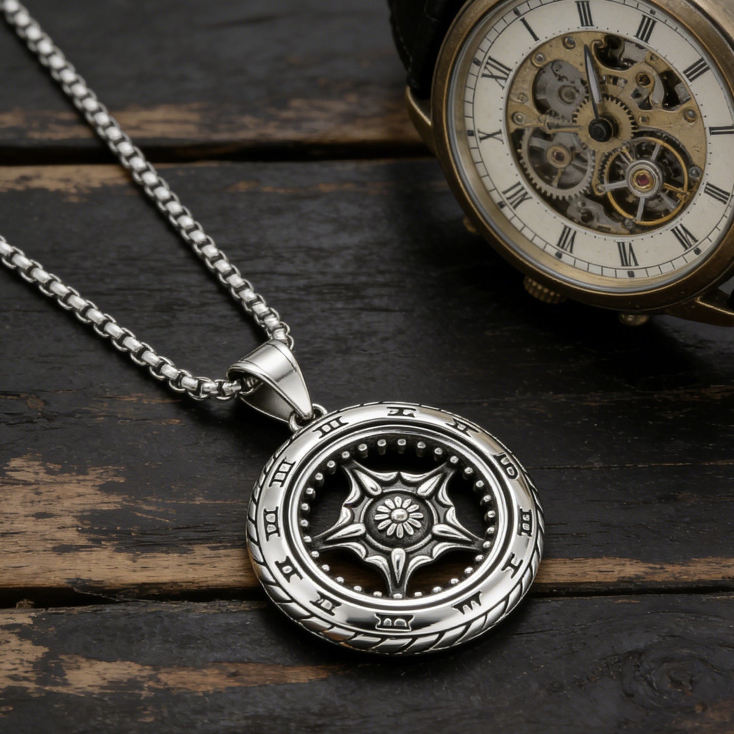 Kemstone Roman Numeral Pendant Necklace for Men Titanium Steel Round Vintage Dial Silver P1553