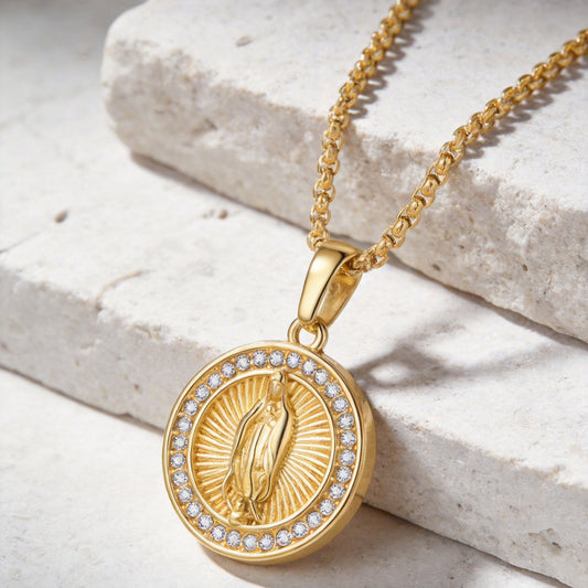 Kemstone Coin Pendant Necklace Gold Plated Stainless Steel Cubic Zirconia Medallion for Men Women PN-2339