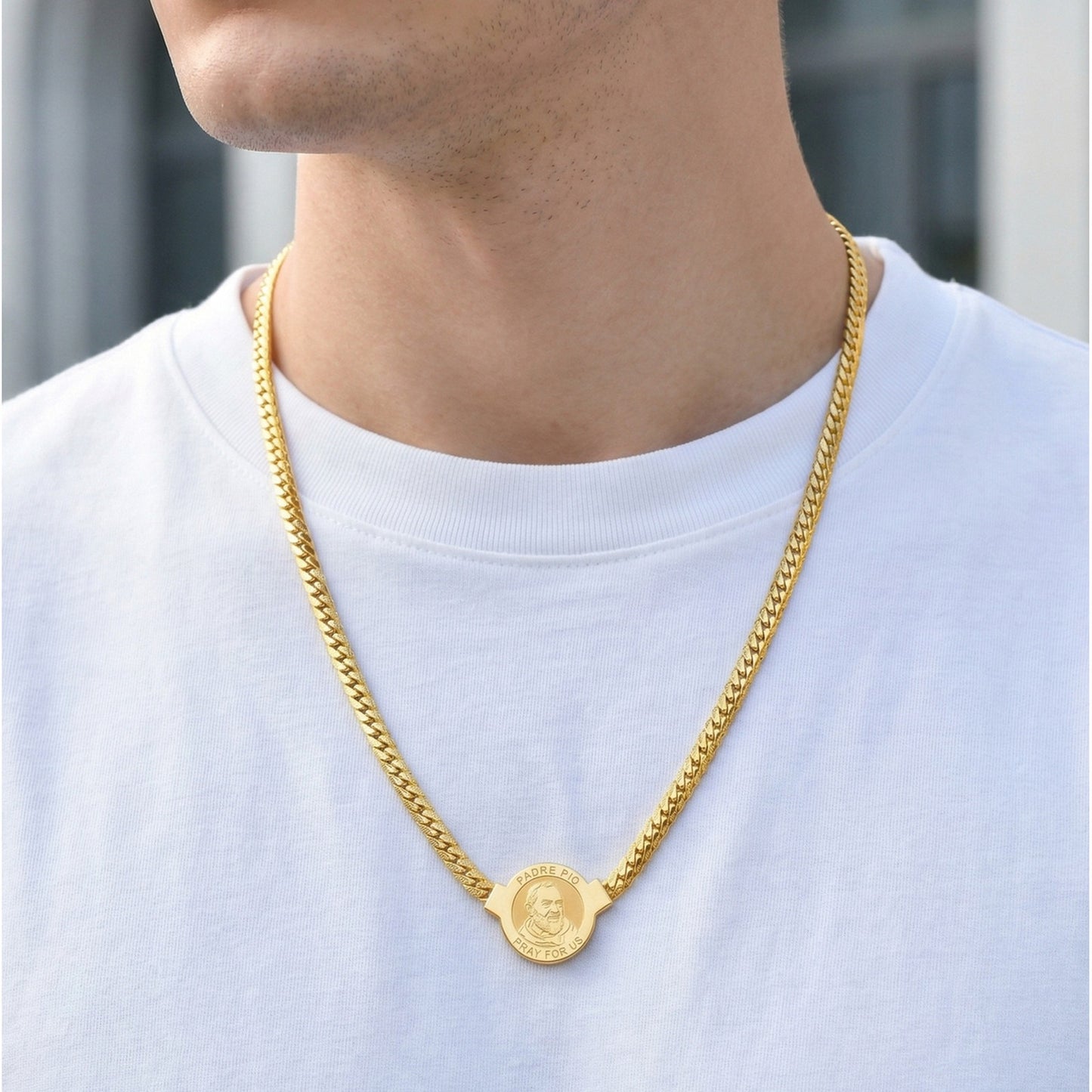 Kemston Stainless Steel Wheat Chain Medallion Necklace for Men NC-2264