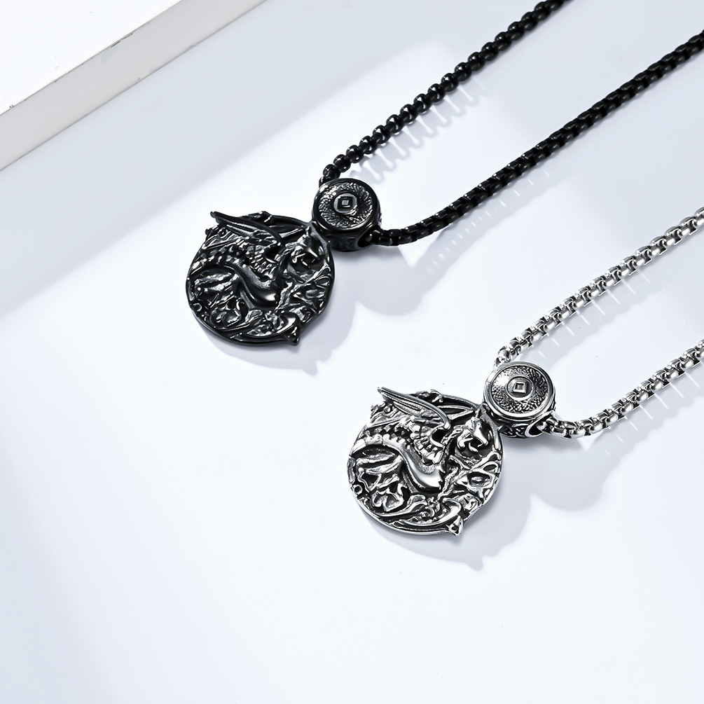 Kemstone Stainless Steel Dragon Pendant Necklace for Men Round Celtic Pattern Silver Black K-PT482