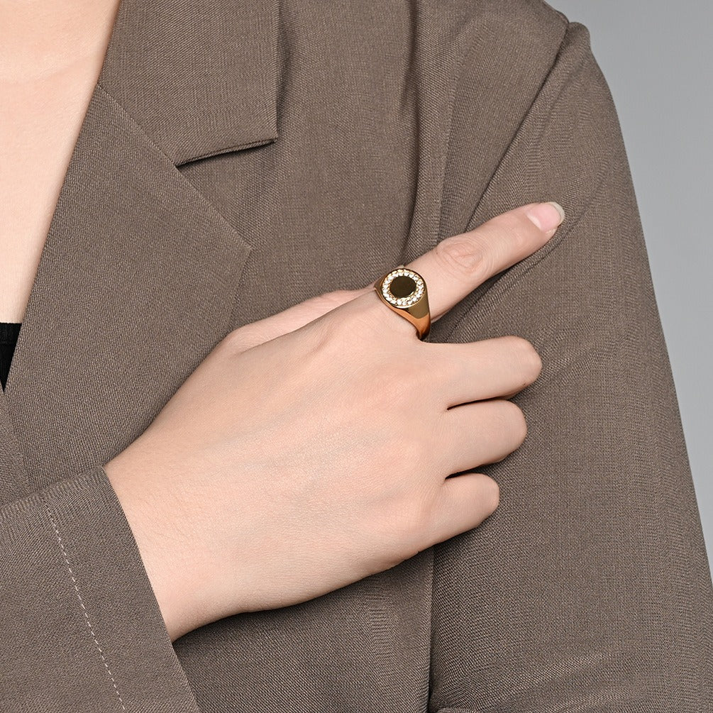 Kemstone Stainless Steel Round Signet Ring with Cubic Zirconia Halo for Men & Women Gold Silver K-R1137