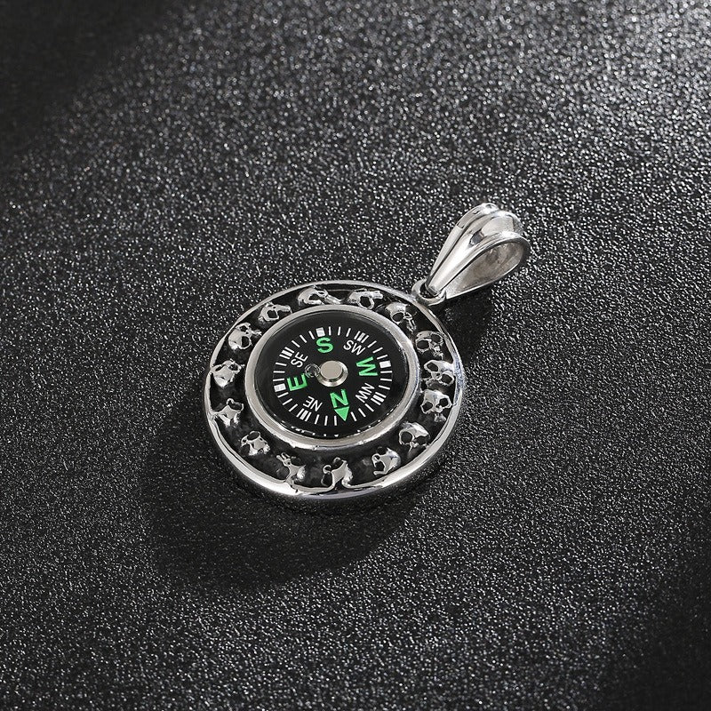 Kemstone Titanium Steel Compass Skull Pendant Necklace for Men Vintage Round Design KP55736-BD