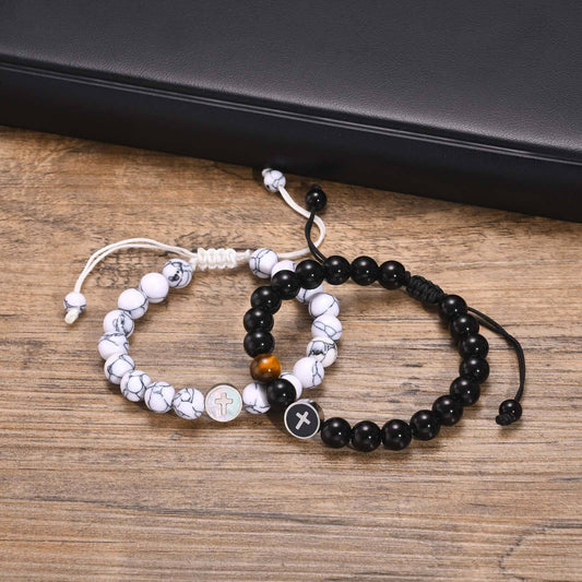 Kemstone Stainless Steel Cross Beaded Bracelet for Men – Adjustable Natural Stone CB-194
