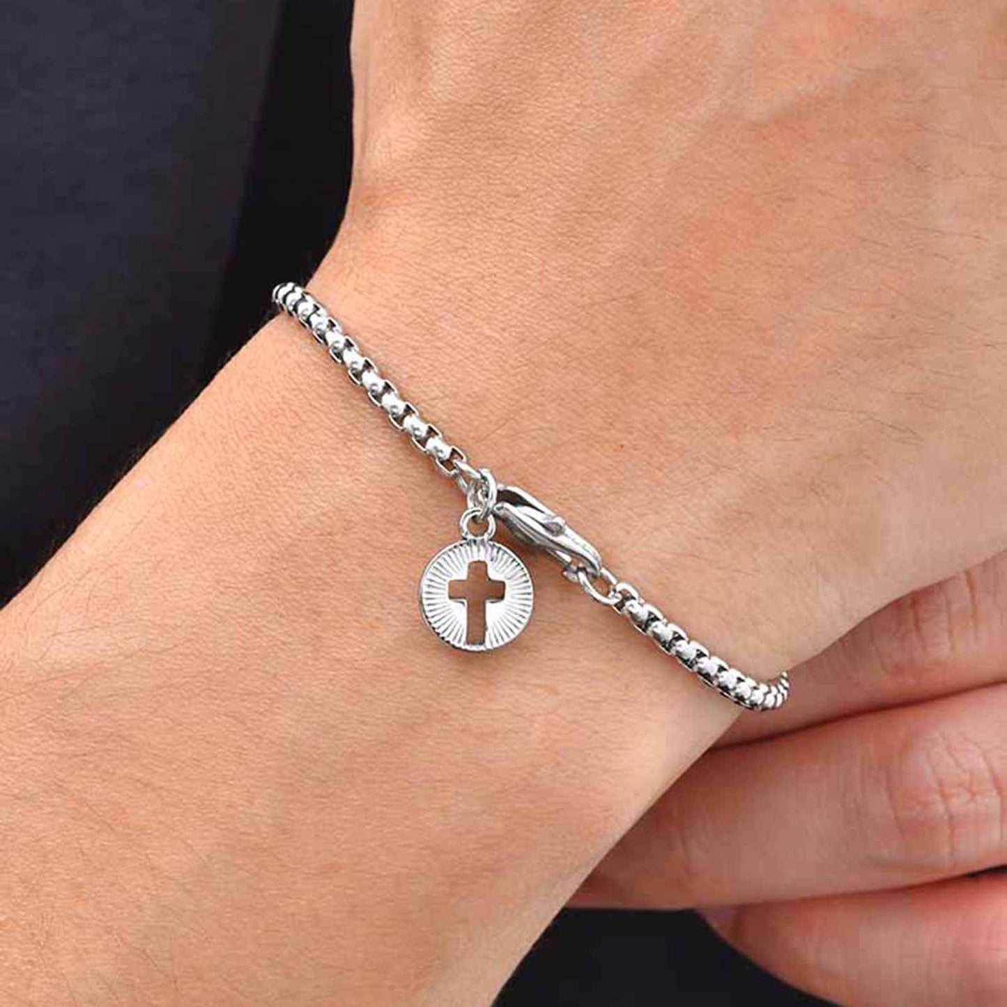 Kemston Stainless Steel Cross Charm Bracelet for Men Silver Round Tag BR-3102