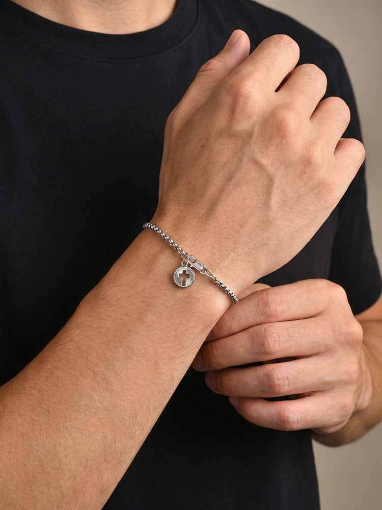 Kemston Stainless Steel Cross Charm Bracelet for Men Silver Round Tag BR-3102