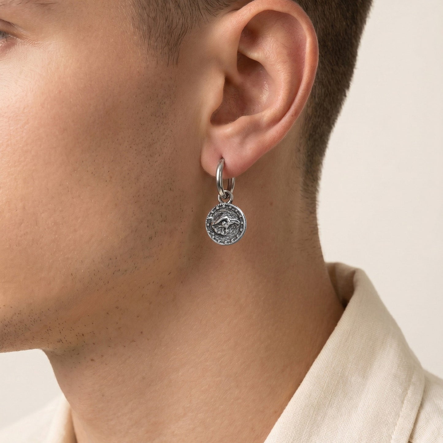 Kemstone Stainless Steel Tiger Coin Dangle Hoop Earring for Men Vintage ED-1085