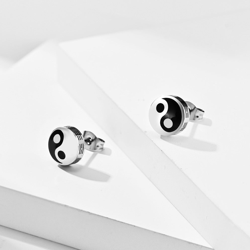 Kemstone Titanium Steel Black White Stud Earrings for Men Minimal Round K-E039