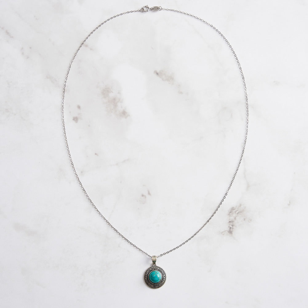 Kemstone 925 Sterling Silver Turquoise Pendant Necklace for Women Vintage Round Coin GMN46