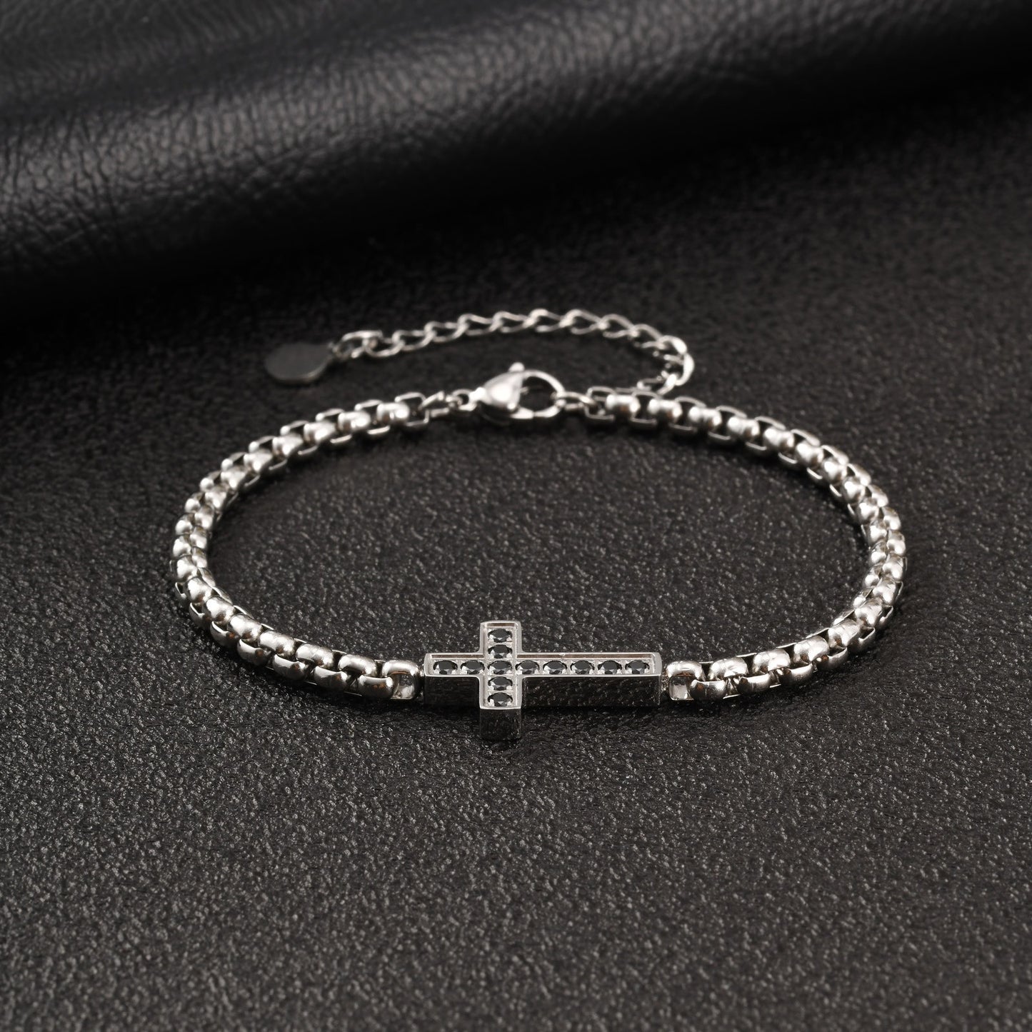 Kemstone Stainless Steel Cross Bracelet for Men Black Cubic Zirconia Box Chain BR-2766