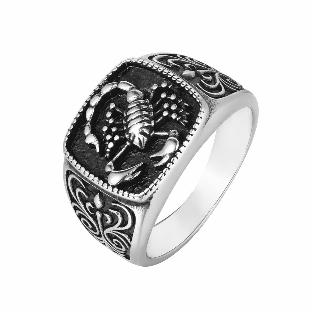Kemstone Titanium Steel Gothic Scorpion Signet Ring for Men Vintage Design R1717