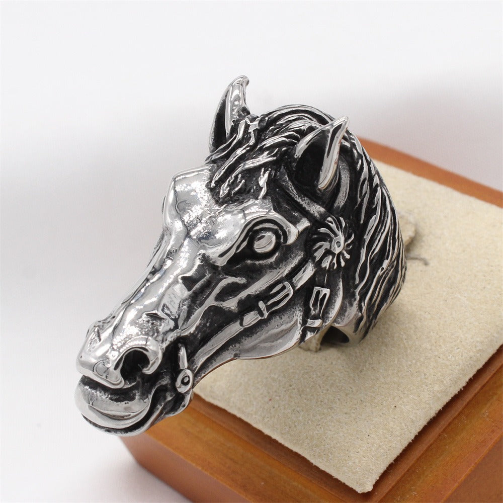 Kemston Sculpted Horse Head Ring for Men Titanium Steel Western R1755