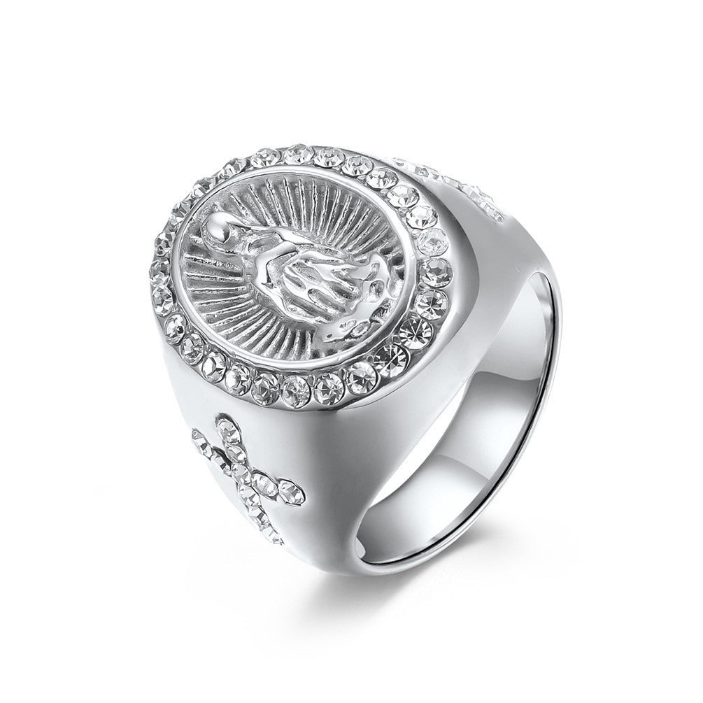 Kemstone Sculpted Medallion Cubic Zirconia Stainless Steel Signet Ring for Men – Polished K-R613