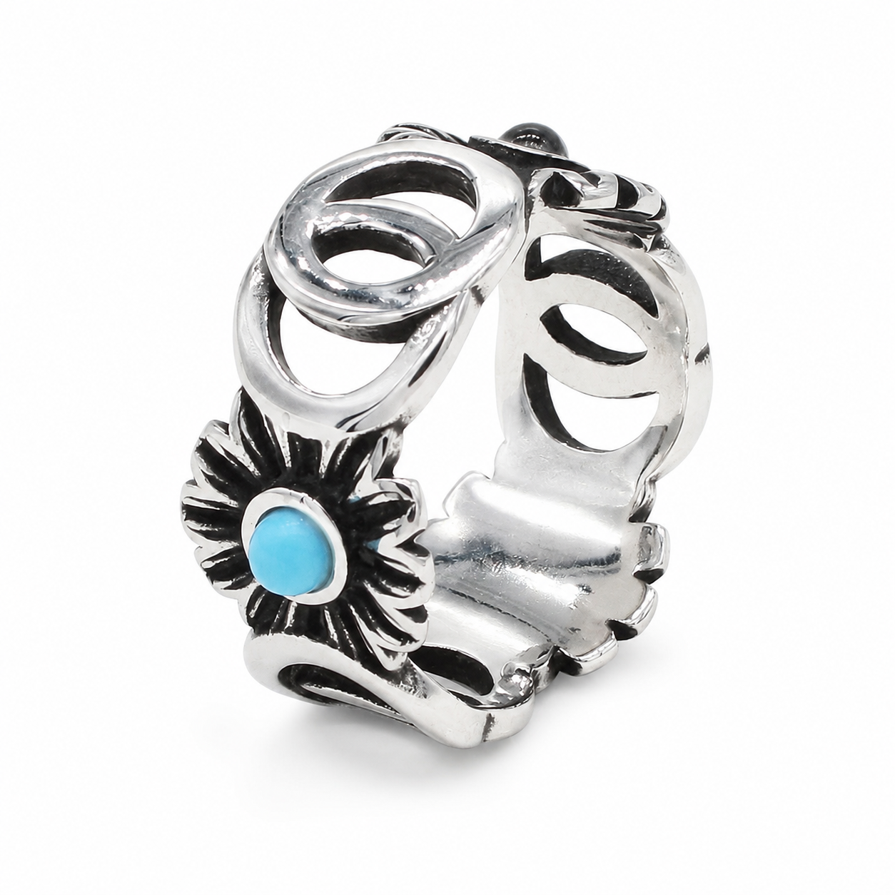 Kemstone Titanium Steel Sunflower Ring for Men Vintage Openwork Blue Detail R1125