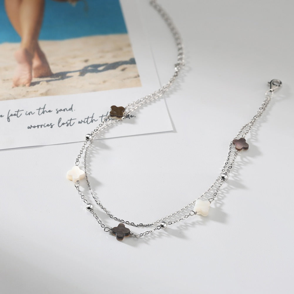 Kemstone 925 Sterling Silver Clover Anklet for Women Layered Shell Chain Gold Silver GMA02