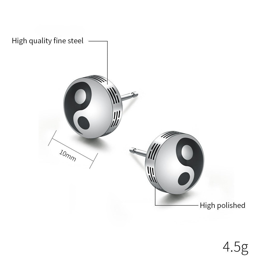 Kemstone Titanium Steel Black White Stud Earrings for Men Minimal Round K-E039