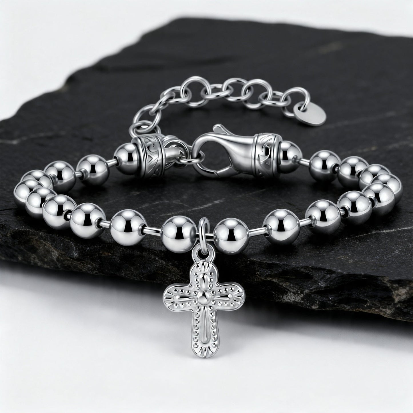 Kemstone Stainless Steel Cross Beaded Bracelet for Men Women Silver BR-2943