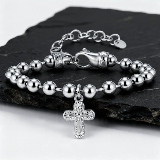 Kemstone Stainless Steel Cross Beaded Bracelet for Men Women Silver BR-2943